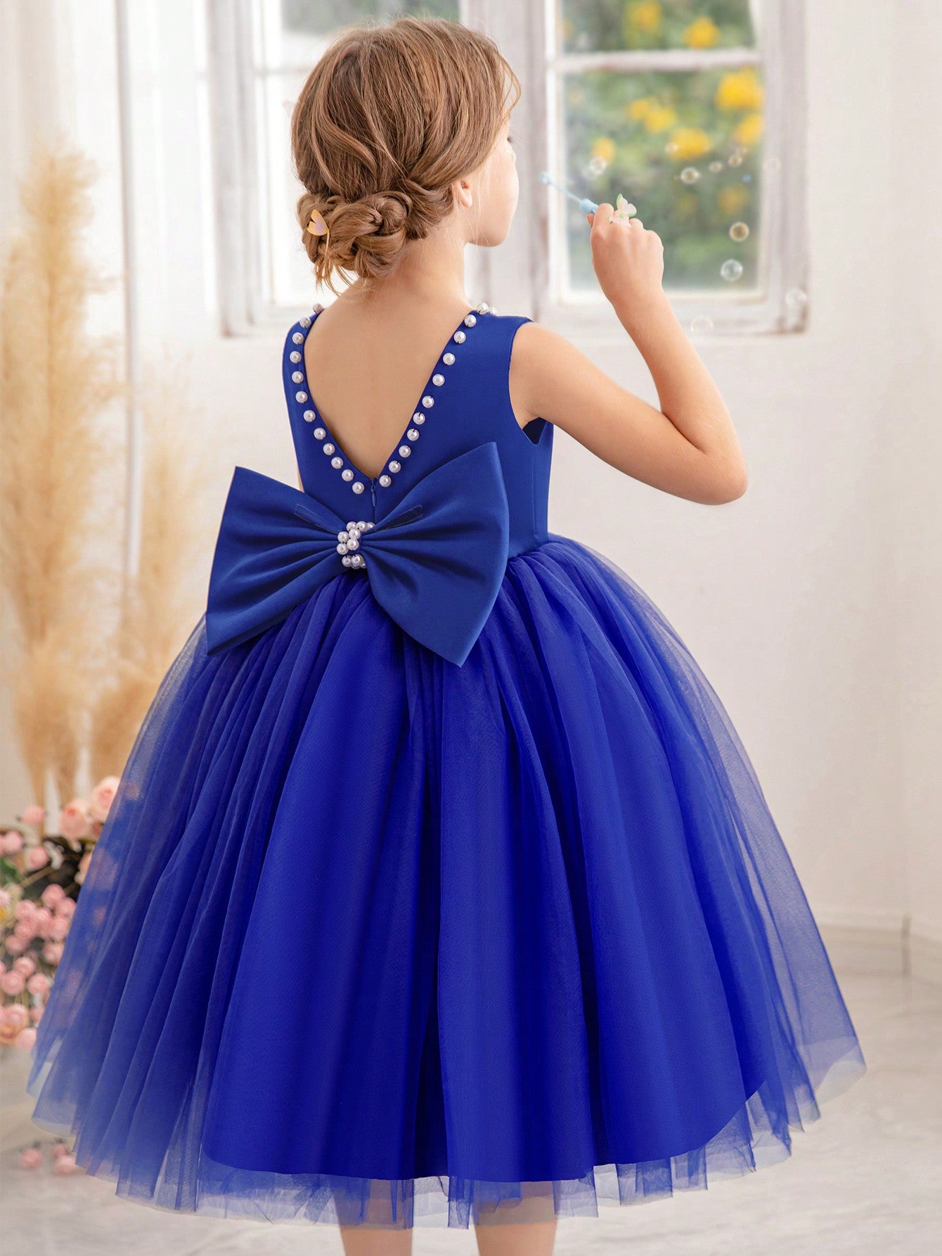 Young Girl Pearl Bowknot Decorated Mesh Patchwork Dress Suitable For Birthday Parties, Dance Parties, Festivals, Daily Wear, Ceremonies, Flower Girls, Weddings And Stage Performances
