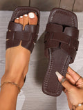 Women's Striped Snake Print Square Toe Flat Sandals, Vacation Style, Brown PU Slippers For Summer