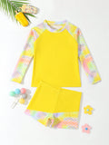 Young Girl Stylish Color Block Tankini Set With Random Print