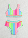 Young Girl Rainbow Neon Striped Cute Bikini Set Bathing Suit Summer Beach