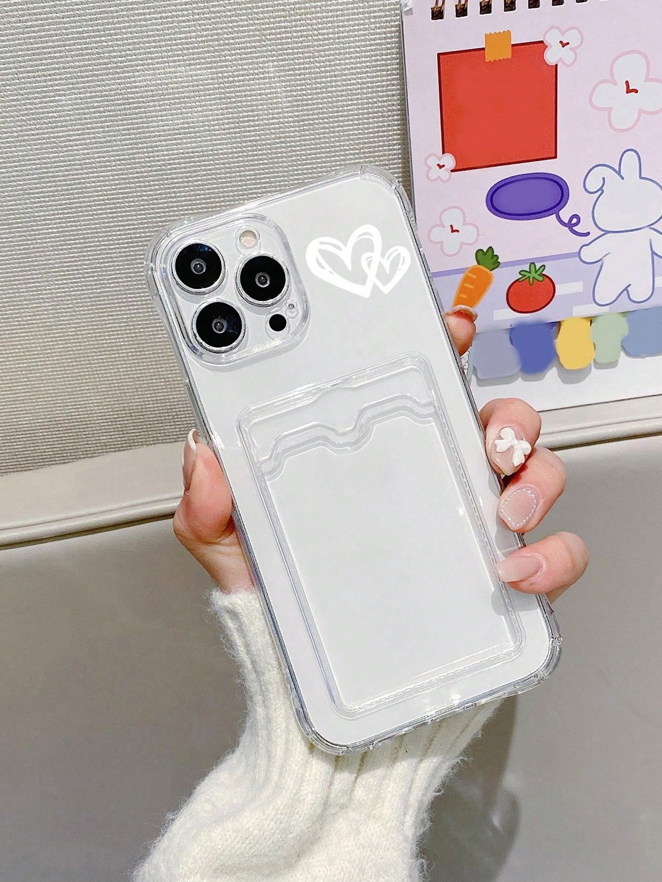 Heart Print Card Slot Clear Phone Case Compatible With iPhone 15/15Pro/15Plus/15Promax