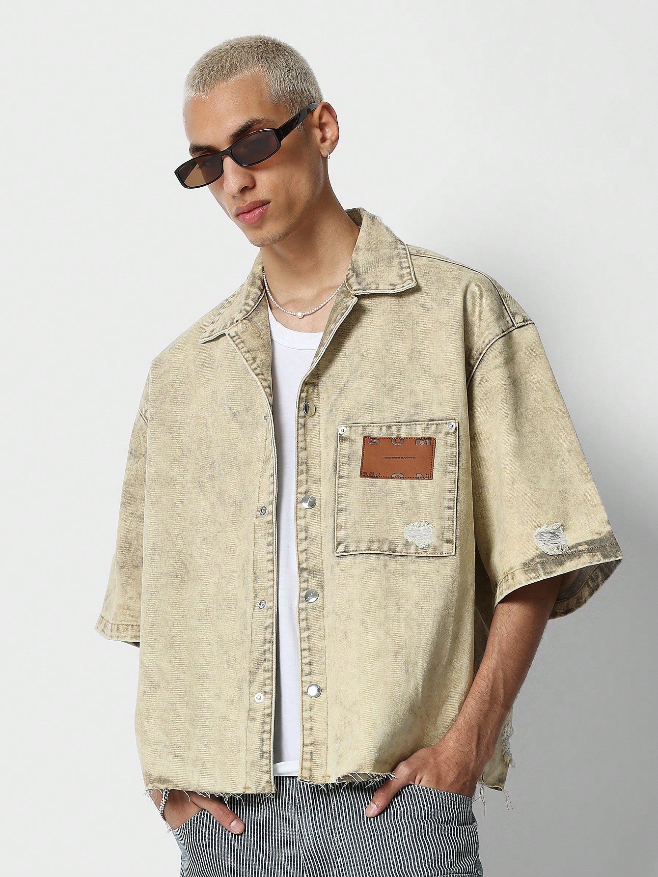 Boxy Fit Button Through Denim Shirt With Patch Pocket Detail College Ready