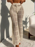 Holiday Solid Color Hollow Knitted Drawstring Waist See-Through Cover-Up Pants,Summer Beach