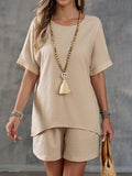 Ladies' Fashionable Simple Solid Color Loose Short Sleeve T-Shirt And Shorts Set