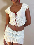 Ladies Fashionable Solid Color Ruffle Top And Skirt Set
