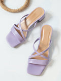 Women's Purple High Heel Sandals, Mules Style With Toe Strap And Ankle Strap, Elegant Chunky Heels PU Leather Shoes