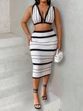Plus Size Striped Deep V-Neck Backless Tie Crop Knit Top And Skirt Sweater Set