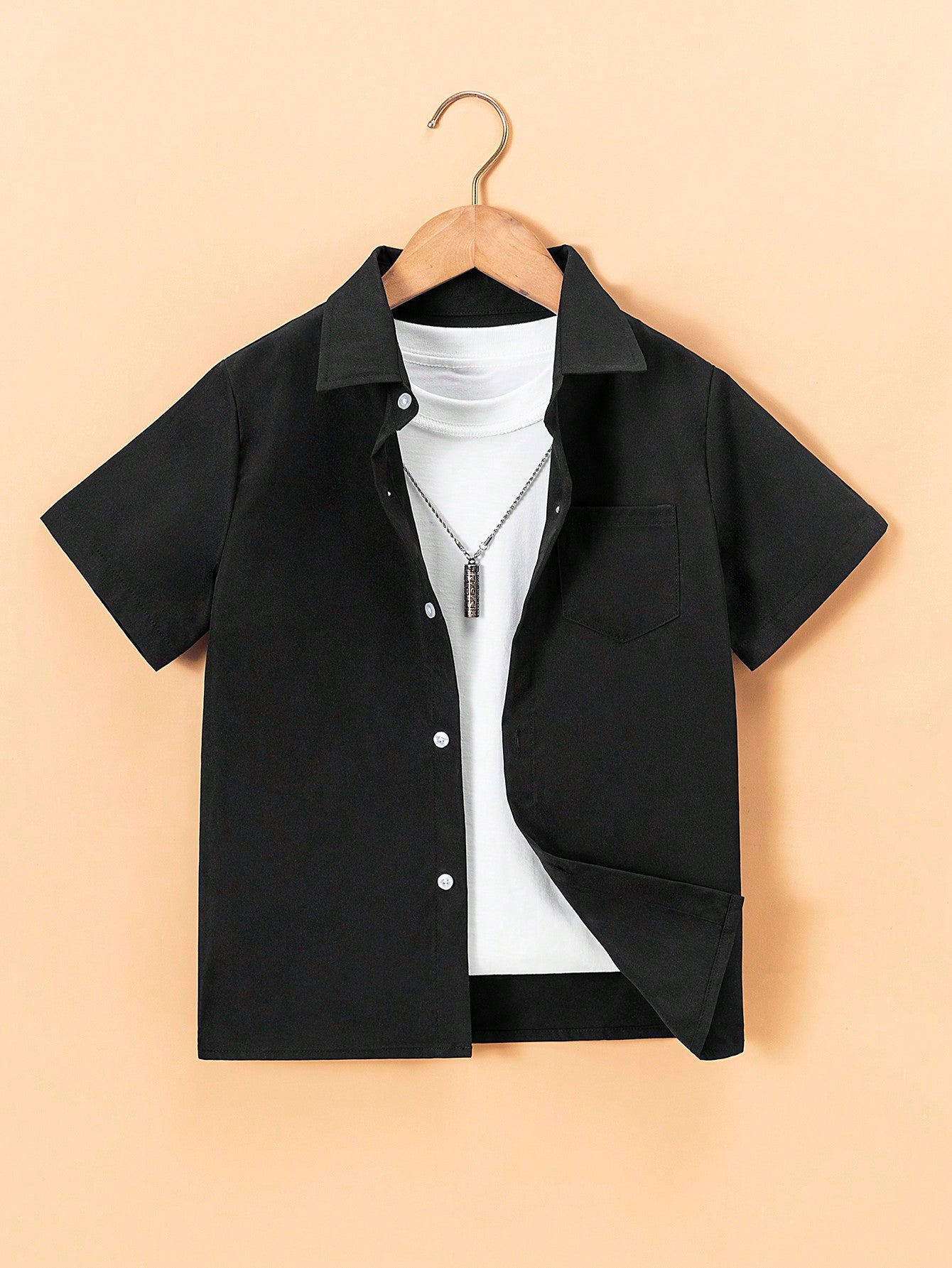 Tween Boy Classic Casual College Style Black Short Sleeve Shirt With Pocket, For Formal Occasions, Parties, And Performances (White T-Shirt Not Included)