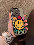 Floral 1pc Cow Pattern IPhone Case With Sun Smile Face Design, Anti-Drop & Precise Cutouts
