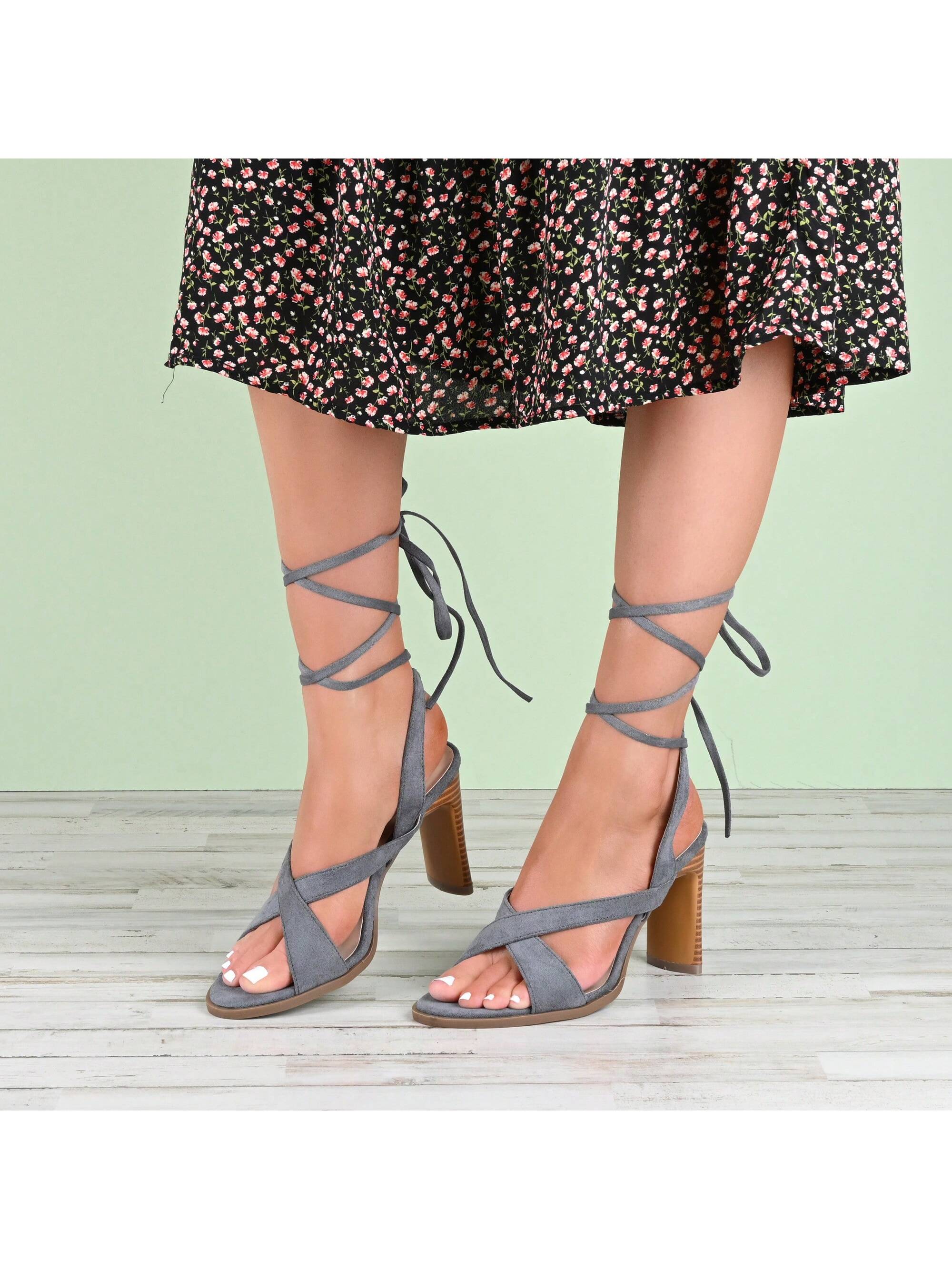 Womens Ankle Wrap Stacked Heel Sandals