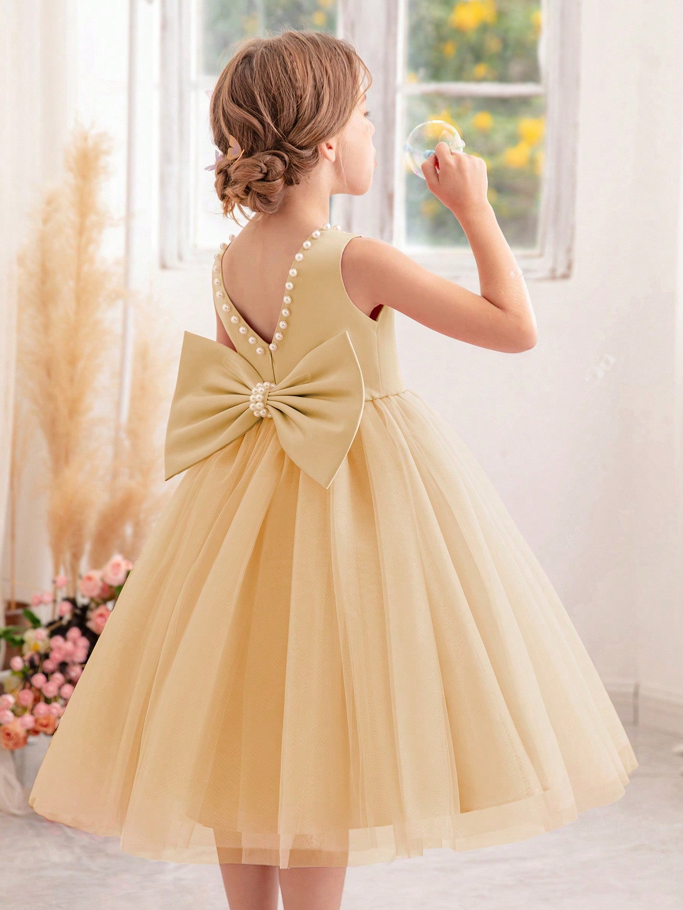 Young Girls' Pearl Butterfly Bowknot Formal Dress, Suitable For Birthday Party, Dance Party, Banquet, Festival And Wedding, Elegant Daily Wear, Stage Show, Fashion Show, Performance