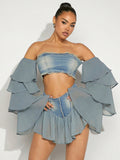 Haute Mixed Fabric Ruffle Tier Sleeve Top & Mini Skirt Two Piece Set