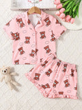 Young Girl Cute Casual Bear Pattern V-Neck Blouse Cardigan Short Sleeve Shorts Flame Retardant Sleepwear 2pcs