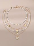 4pcs/Set Girls' Heart & Butterfly Shape Rice Beads Pearl Beaded Necklace Set