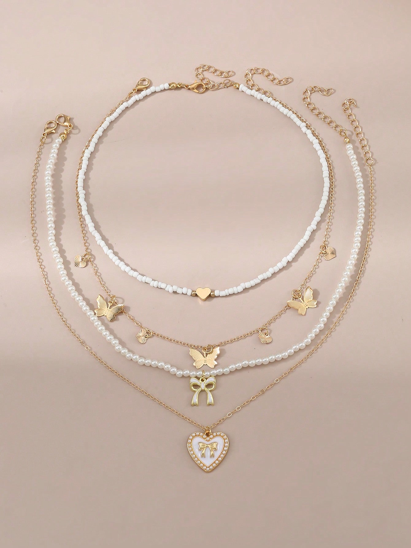 4pcs/Set Girls' Heart & Butterfly Shape Rice Beads Pearl Beaded Necklace Set