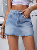 Solid Color Denim Skirt With Fringe Edge, Pockets And Buttons For Summer