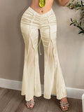 Sweetina Women's Sumemr White Low Rise Pleated Texture Mesh Insert Flared Pants