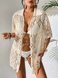 Women's Solid Color Hollow-Out Collar Casual Holiday Short Sleeve Kimono Cover Up For Layering