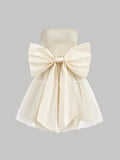 Women's Beige Oversized Bow Summer Dress,Cute Dress,Dress Party