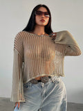 Solid Color Hollow Out Long Sleeve Knit Top