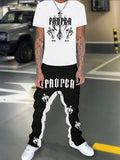 Men's Summer Letter Print Round Neck Short Sleeve Casual T-Shirt And Drawstring Waist Long Pants Set