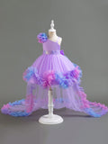Young Girls' Asymmetrical Tulle Dress With 3d Embellishments For Wedding, Party, Festival, Birthday