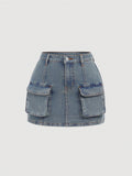 Teen Girl Pocket Design Simple Daily Denim Skirt