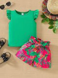 Young Girl Summer Vacation Solid Color Short Sleeve Top And Tropical Print Shorts Outfit