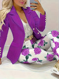 Ladies Solid Color Simple Daily Suit Jacket And Printed Pants Set