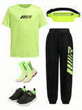 Tween Boy Fluorescent T-Shirt And Letter Print Sweatpants Set With Elastic Cuffs