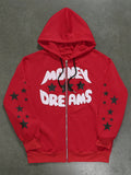 Letter Printed Hooded Zipper Sweatshirt With Drawstring Long Sleeves