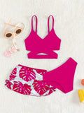 Young Girl Vacation Solid Color Cross Bikini Set With Tropical Plant Print Cover Up Skirt
