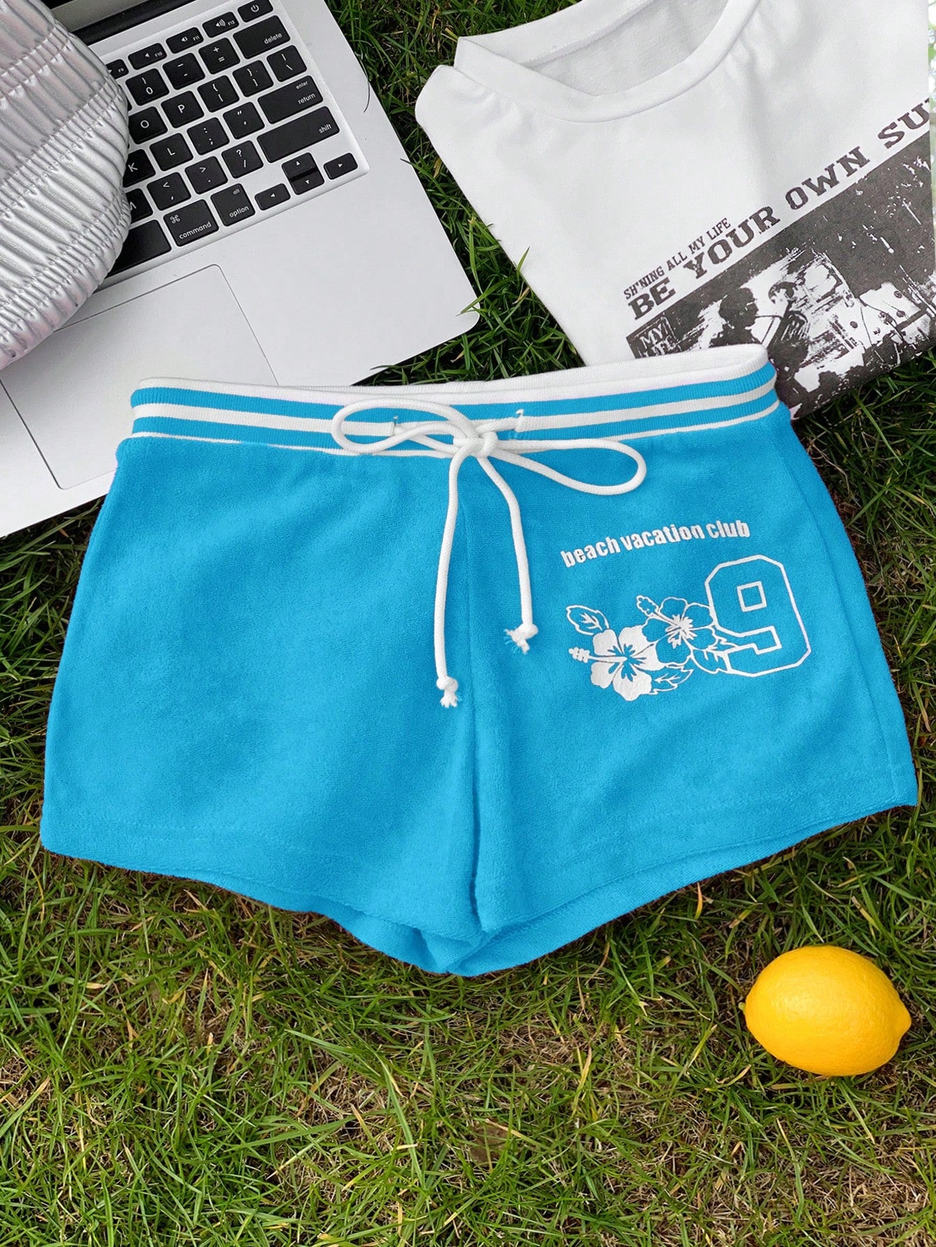 Comfortcana Ladies' Summer Casual Flower & Letter Print Drawstring Waist Ultra Short Shorts
