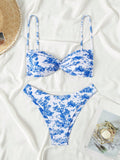 Swim Women's Vacation Plant Printed Bikini Set With Twisted Sexy Bra And Bottoms,Summer Beach