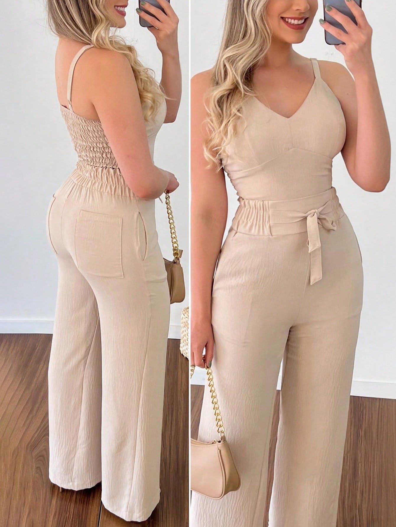 Ladies' Solid Color Basic Spaghetti Strap Top And Pants Set For Daily Wear