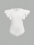 Tween Girl Knitted Solid Color Short-Sleeved Casual Bodysuit