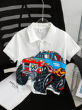 Young Boy 1pc Casual, Fashionable, Simple, Practical, Versatile, Soft, Cozy, Cool, Street Style, Cartoon Car Printed, Breathable, Short Sleeve Shirt For Spring And Summer