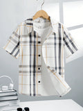 Tween Boys' Extended Size Loose Casual Plaid Turn-Down Collar Short Sleeve Shirt