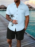 Men's Plus Size Coconut Tree Printed Short Sleeve Shirt And Shorts Set For Vacation And Leisure