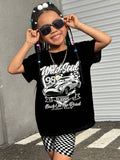 Young Girl Casual And Simple Street Style Outfits, And With Racing And Plaid Print Short-Sleeved Shorts Sets Suitable For Summer