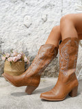 Women's Western Cowboy Boots Pointed Toe Mid-Calf Boots Embroidery Chunky Heel  Boots Fashion Riding Boots
