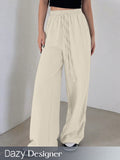 Designer Solid Color Elastic Waist Loose Fit Long Women Casual Pants With Drawstring