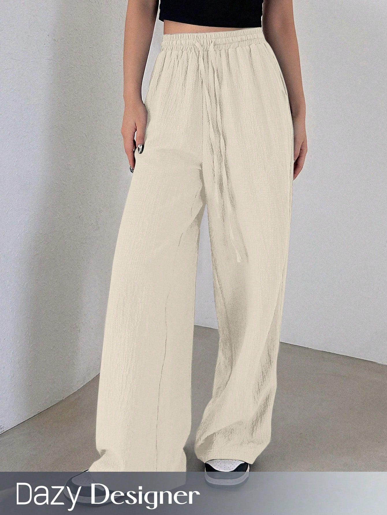 Designer Solid Color Elastic Waist Loose Fit Long Women Casual Pants With Drawstring