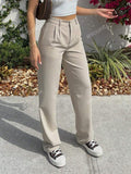 Solid Front Pleated Straight Leg Tailored Pants