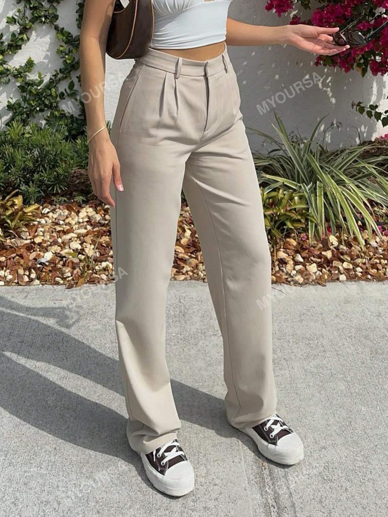 Solid Front Pleated Straight Leg Tailored Pants