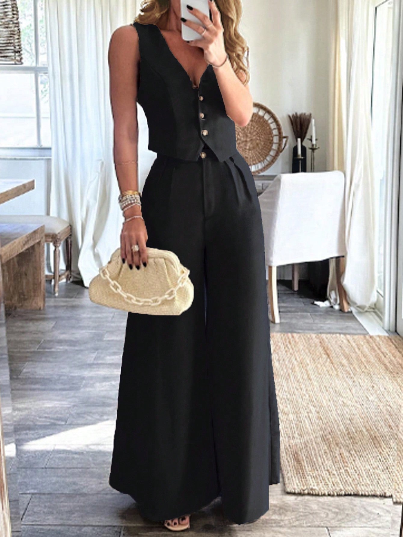 Frenchy Spring/Summer All-Match Street Style Casual Commuting Solid Short Vest With Pleated Wide Leg Pants Suit