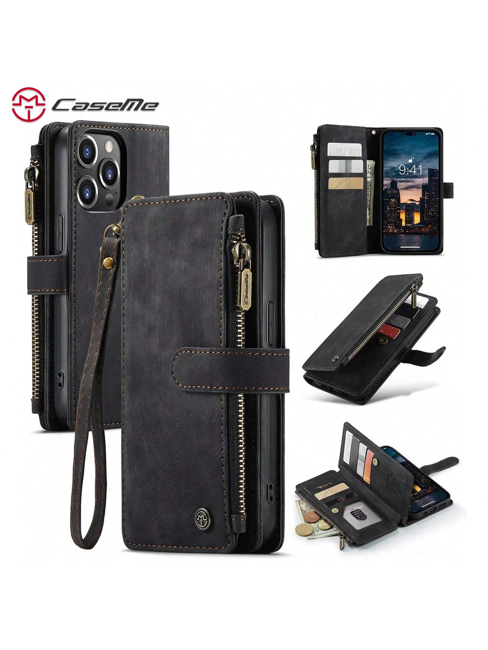 Caseme Wallet Phone Case Durable PU Leather Magnetic Flip Strap Wristlet Zipper Card Holder Wallet Phone Case Compatible With IPhone Samsung Redmi