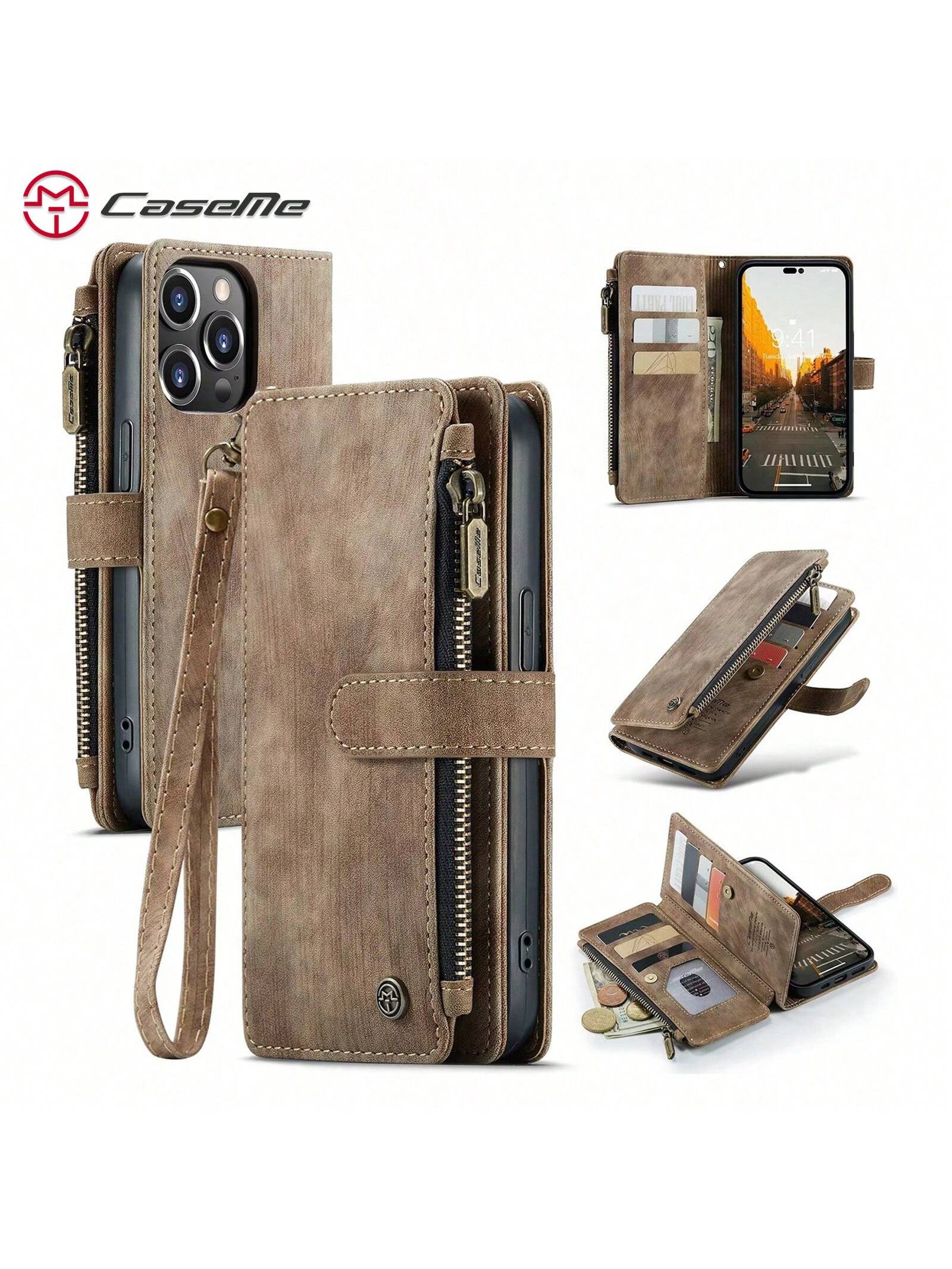 Caseme Wallet Phone Case Durable PU Leather Magnetic Flip Strap Wristlet Zipper Card Holder Wallet Phone Case Compatible With IPhone Samsung Redmi