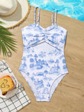 Tween Girl Plant Printed Ruffled One-Piece Swimsuit With Adjustable Straps, Random Print, Summer Beachwear