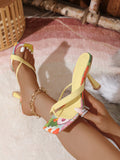 Bright Yellow Bohemian Style Flower Decor High Heel Flip Flops, Simple And Fashionable Style For Summer
